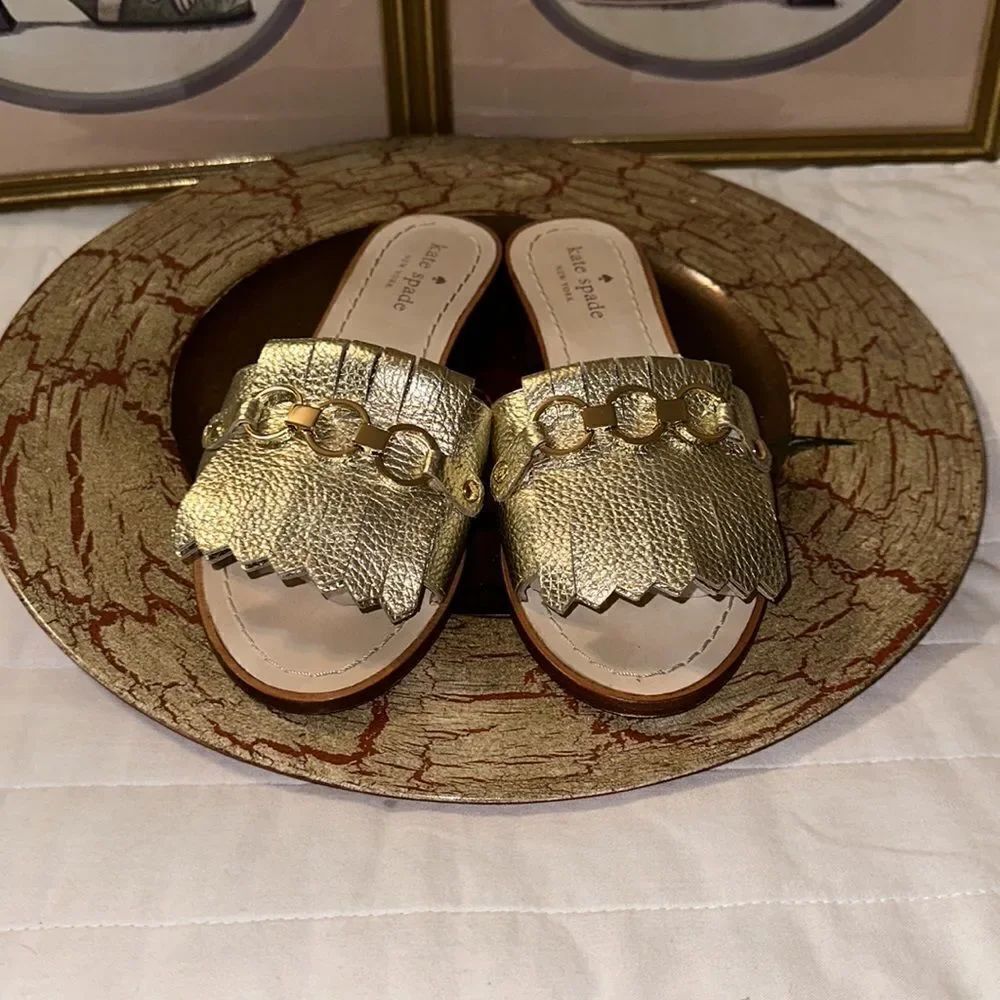 kate spade 6 Brie Kilkie Gold Metallic Leather Slides Sandals - Picture 7 of 16